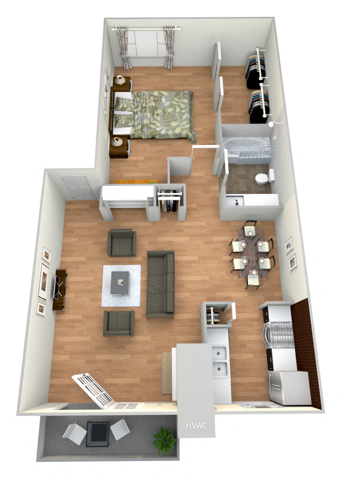Floor plan for 1 bed, 1 bath, 717 sqft